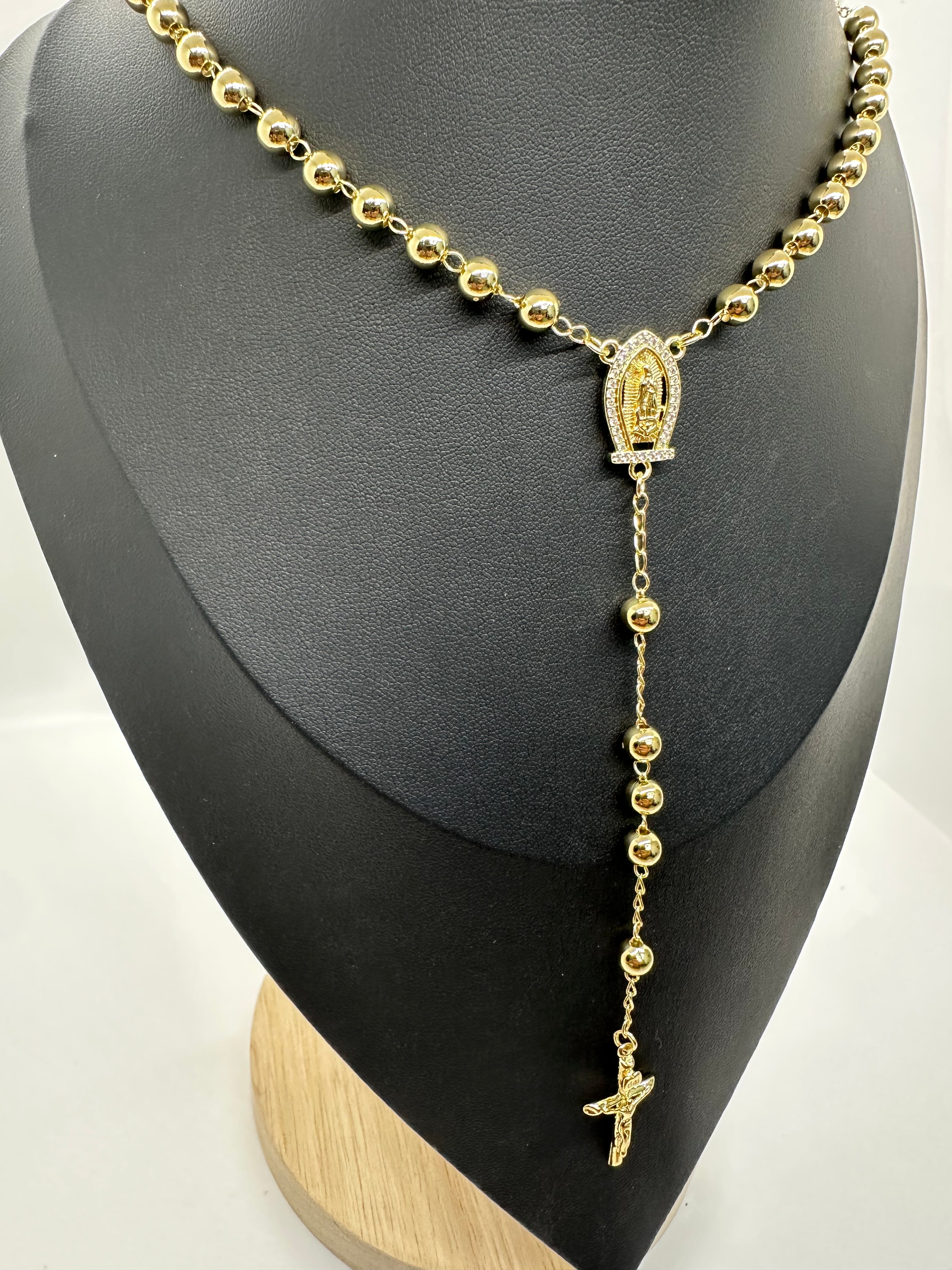 Gold-Plated Rosary Necklace with Crucifix – 24 Inch