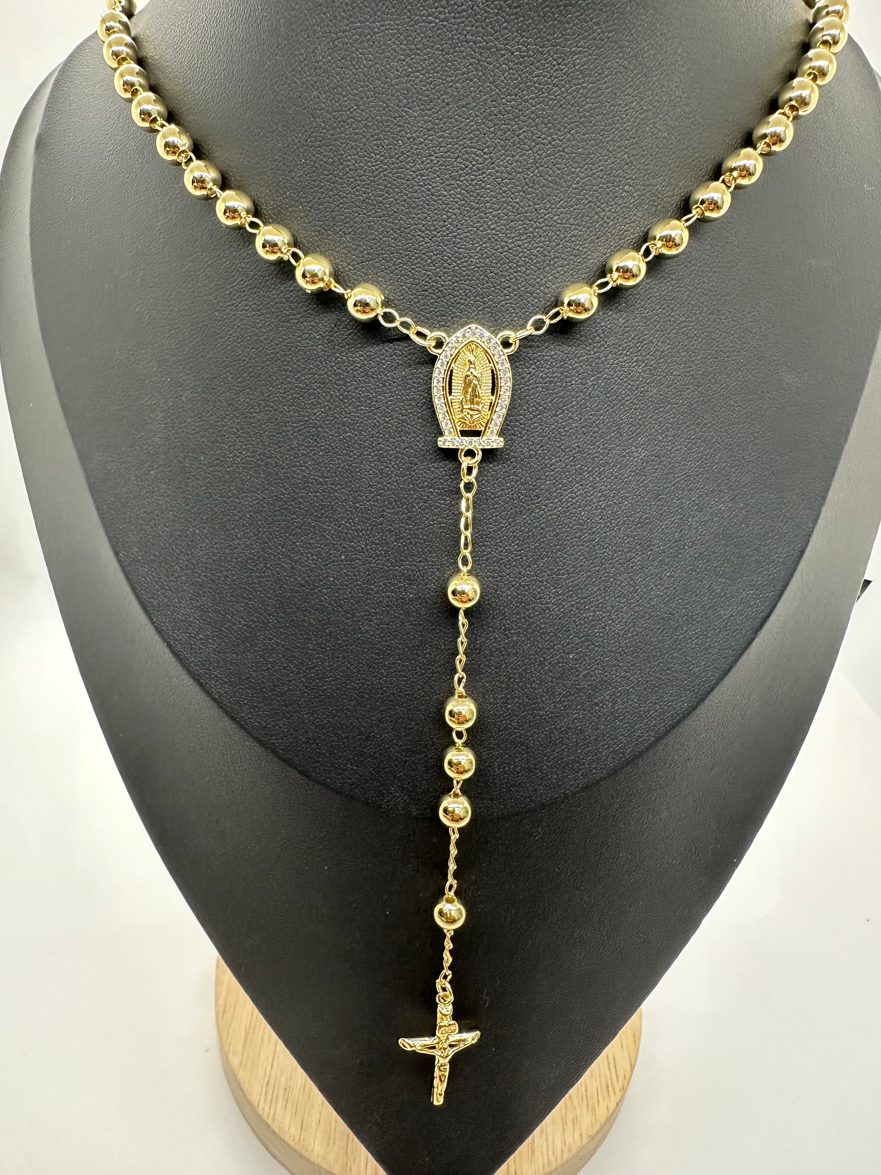 Gold-Plated Rosary Necklace with Crucifix – 24 Inch