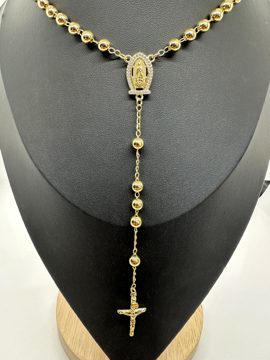 Gold-Plated Rosary Necklace with Crucifix – 24 Inch