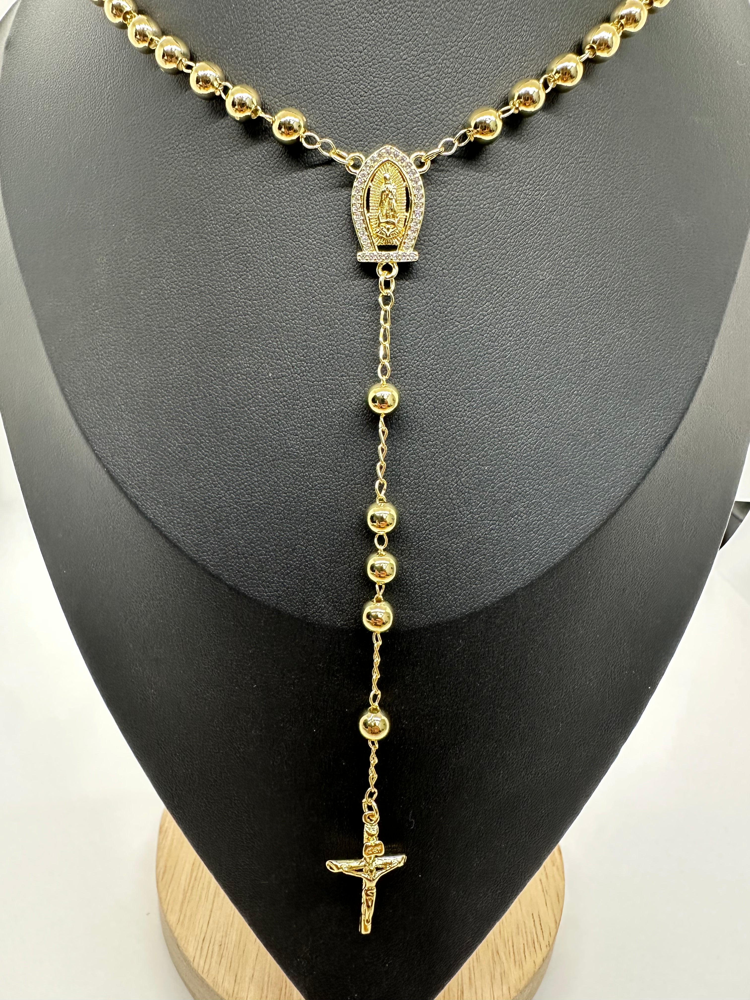 Gold-Plated Rosary Necklace with Crucifix – 24 Inch