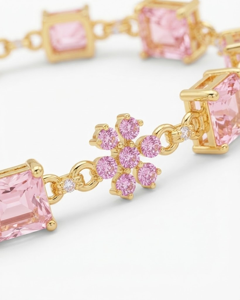 Pink floral gold-plated bracelet - close-up detail
