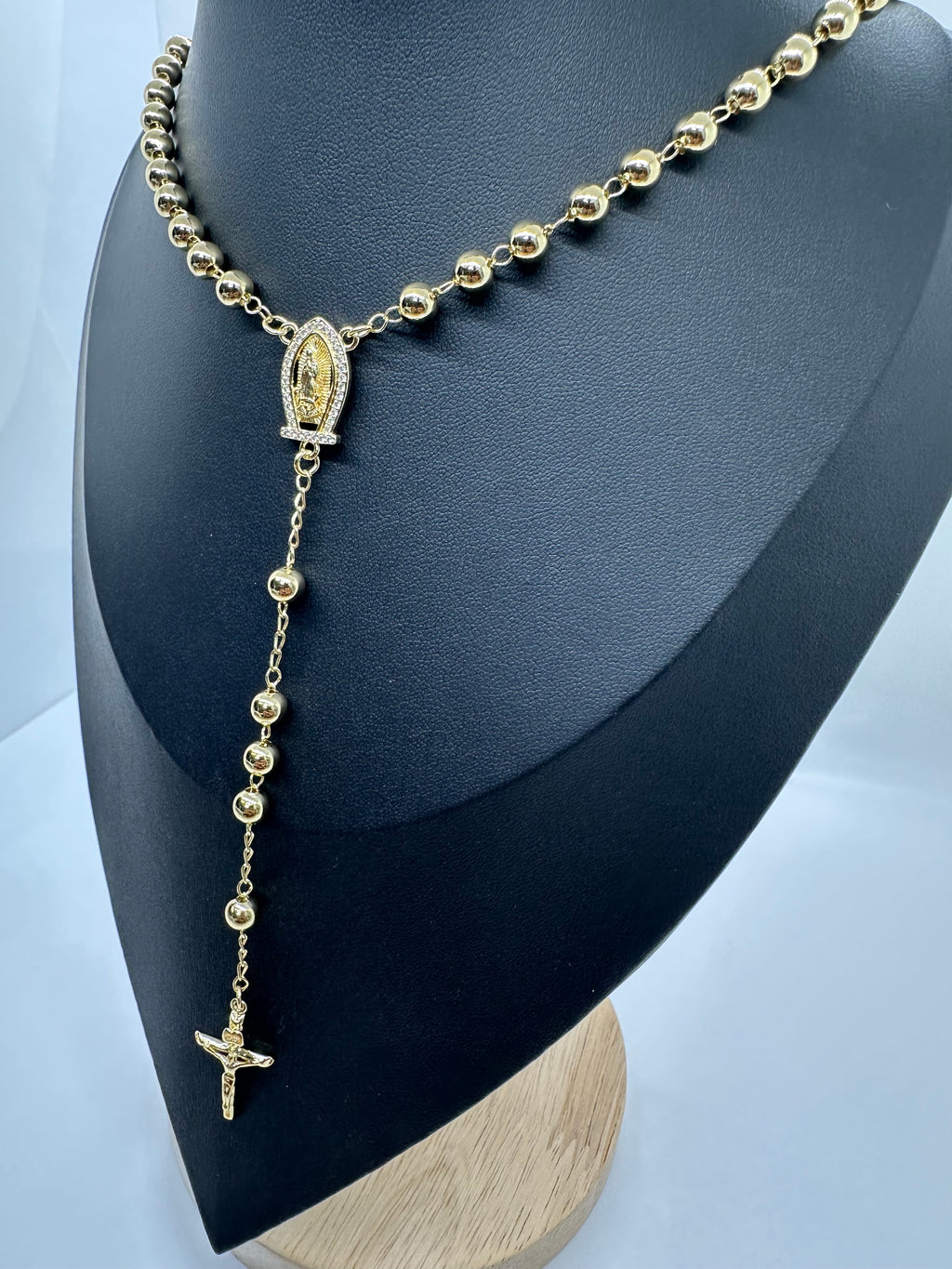 Gold-Plated Rosary Necklace with Crucifix – 24 Inch