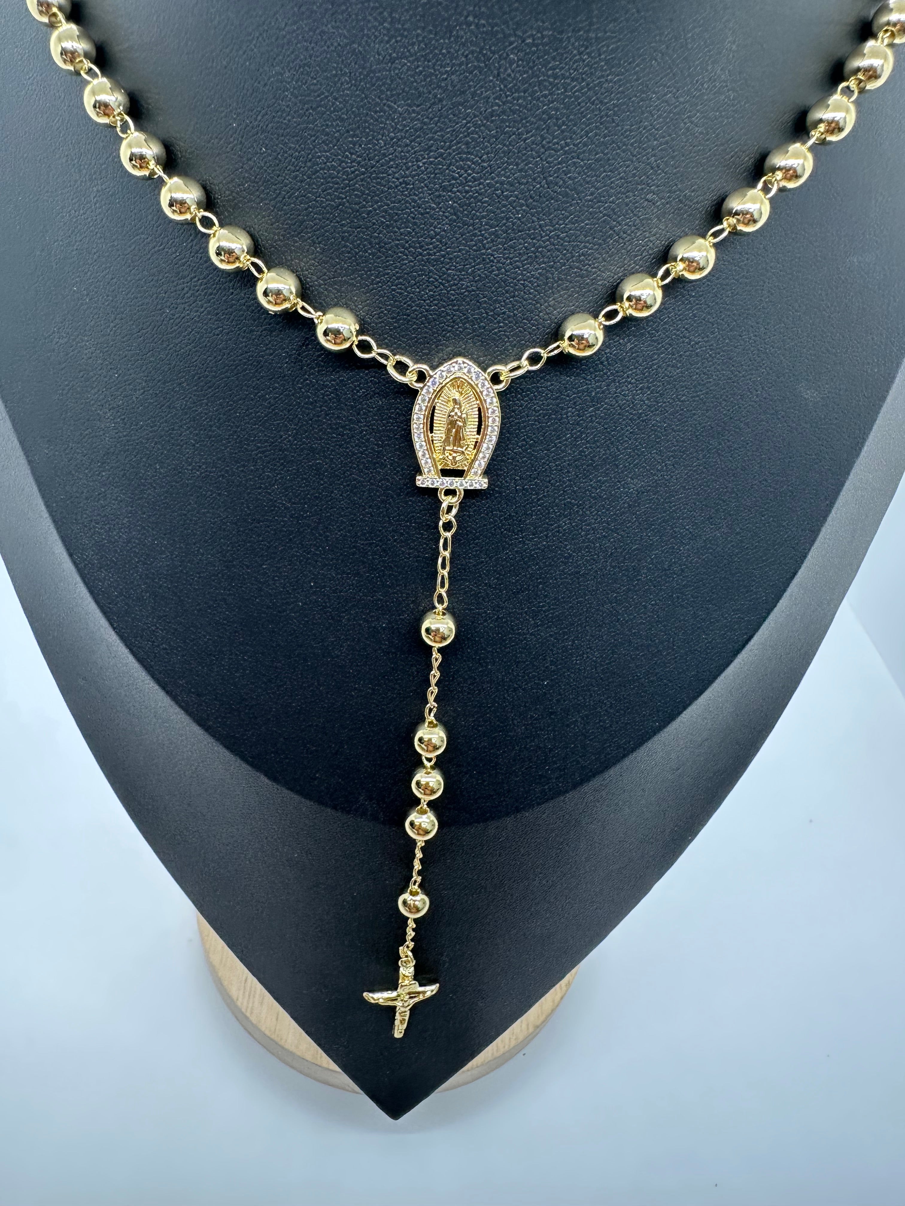 Gold-Plated Rosary Necklace with Crucifix – 24 Inch