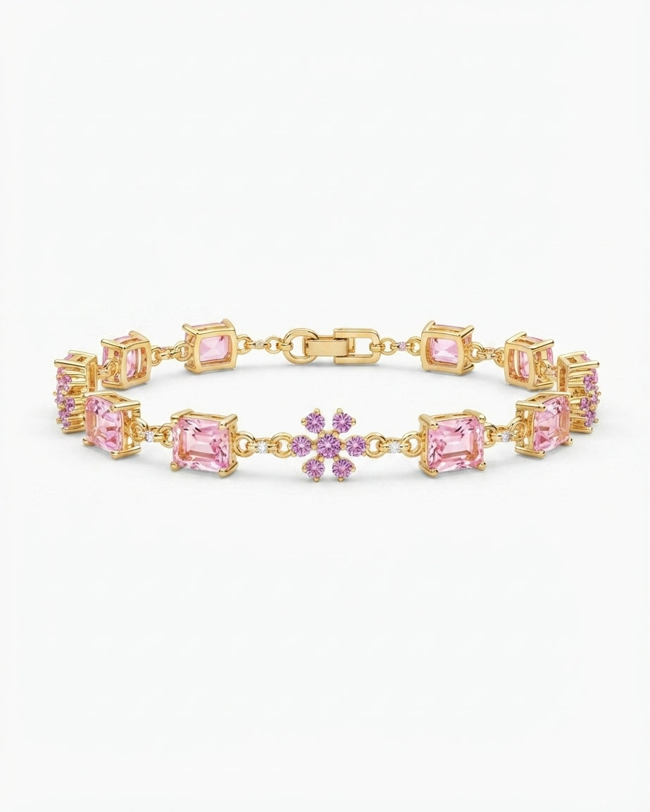 Pink floral gold-plated bracelet - worn on the wrist