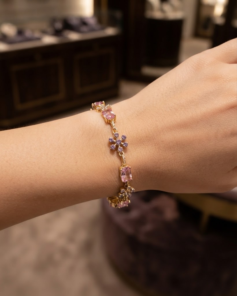 Pink floral gold-plated bracelet for women - front view