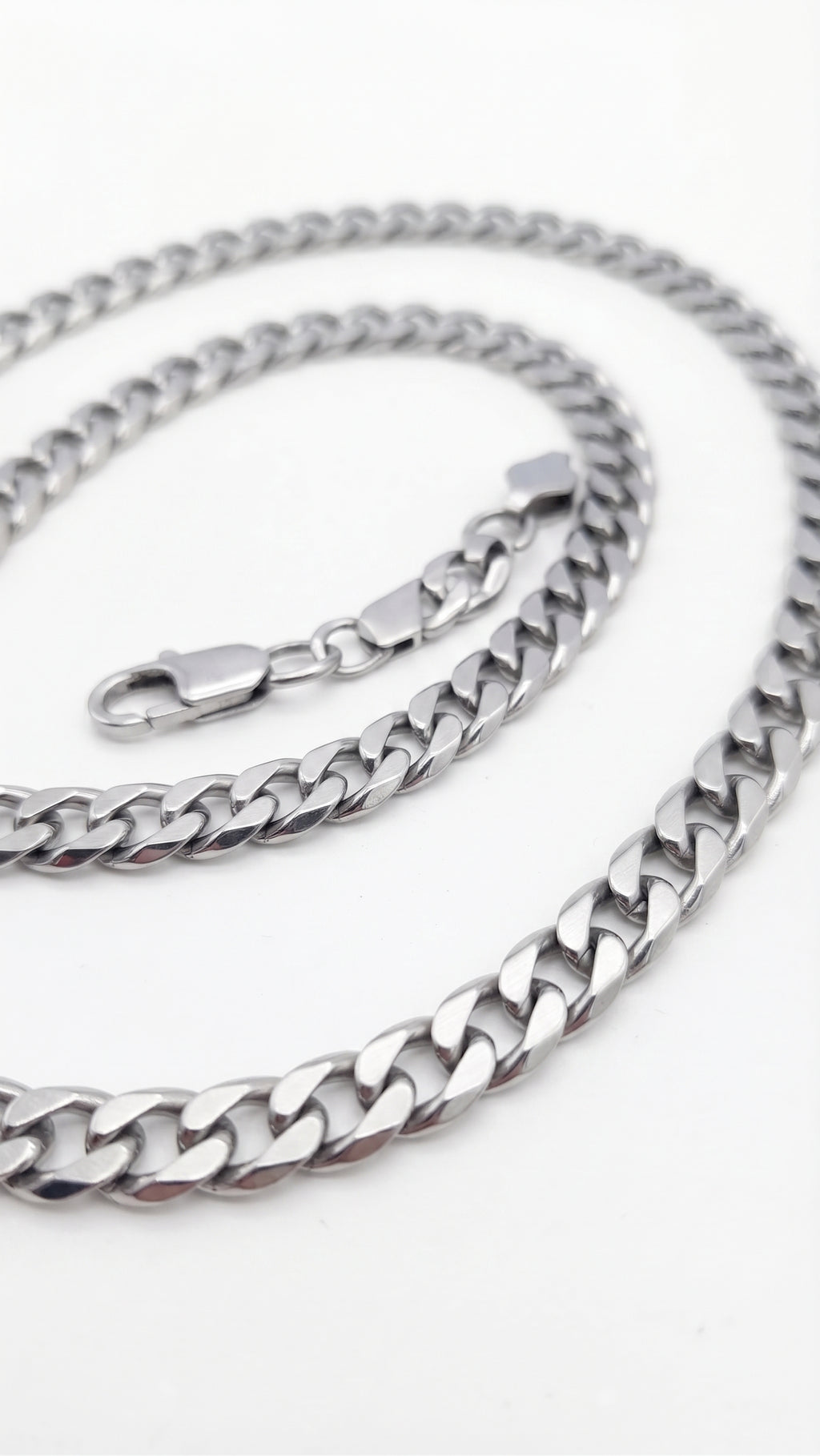 Silver stainless steel Cuban chain - full length view