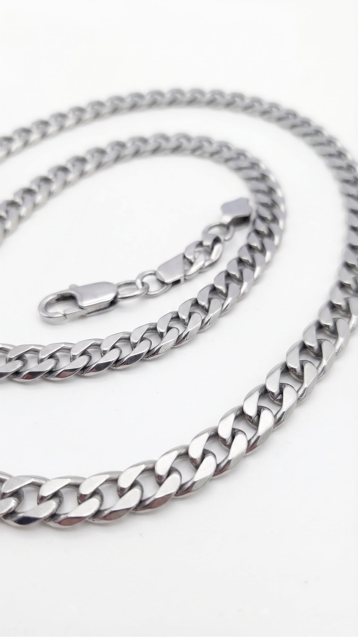 Silver stainless steel Cuban chain - full length view